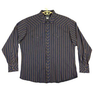 Wrangler Western Mens Pearl Snap Shirt Blue Orange Stripe XL (Fits 2XL)